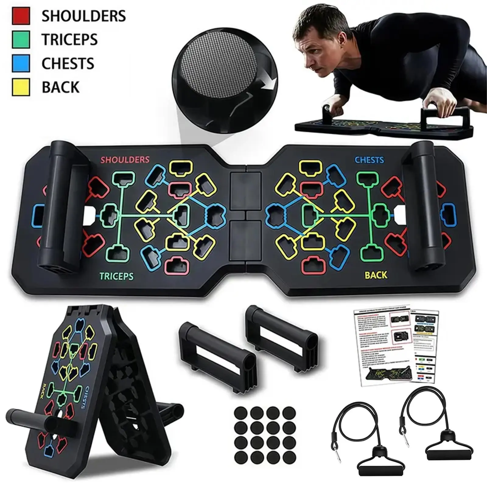 5-in-1 Foldable Multifunctional Push Up Board with Resistance Band Match, Ergonomic Cushioned Handles, Portable Push Up Stand for Chest and Abdominal Muscle Training, Small Spaces Home Gym Setup Fitness Equipment Gift