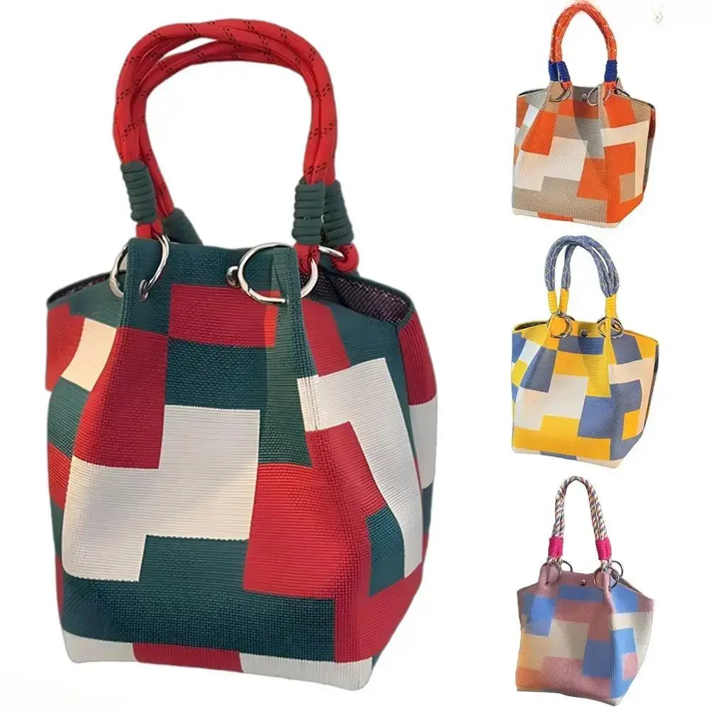 Color Block Knit Bucket Tote Bag - Adjustable Crossbody Strap Aesthetic Shoulder Bag for Daily Travel