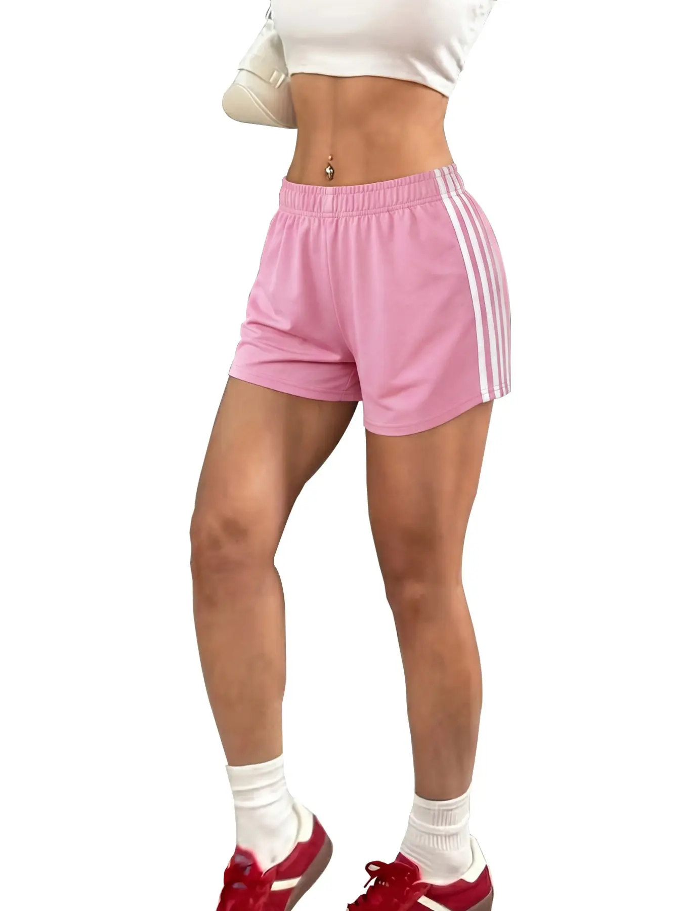 Women's Elastic Waist Sport Shorts, Side Four Color Block Stripes, Loose Fit Casual Workout Hot Pants, American Vintage Streetwear Shorts