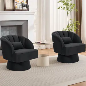 360° Swivel Barrel Accent Chair, Modern Upholstered Striped Backrest Armchair with Soft Cushion & Throw Pillow, Single Cozy Vanity Chair for Bedroom Living Room, Black (1 Piece Set)