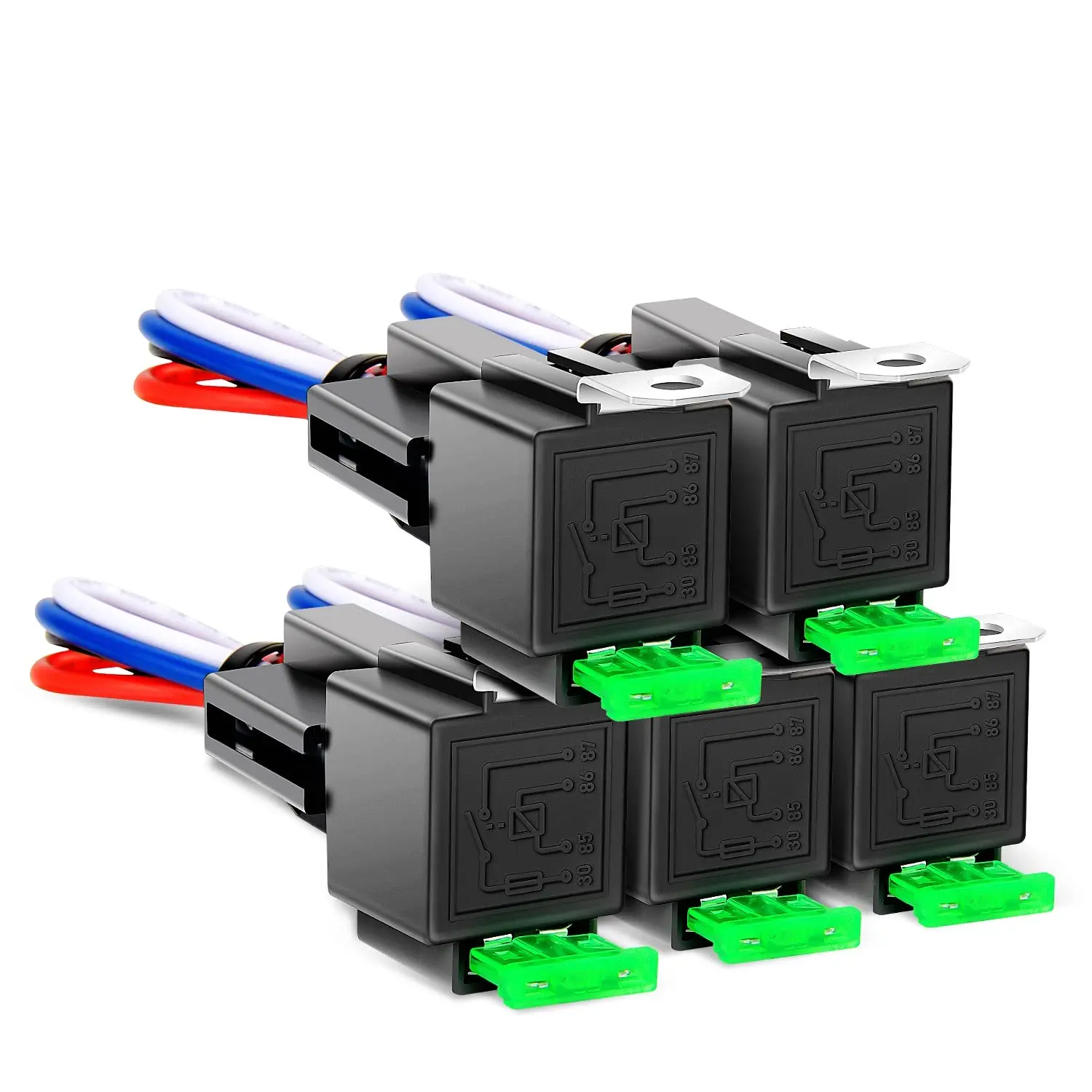 Nilight 5-Pack 30A Rating Relay Kit, 12V Heavy-Duty 4-Pin SPST Relay Switch with Interlocking Mount Harness, Built-In Fuse Socket, 14AWG Color-Labeled Wires for Automotive Load Control, Easy Installation, Interlock Mount