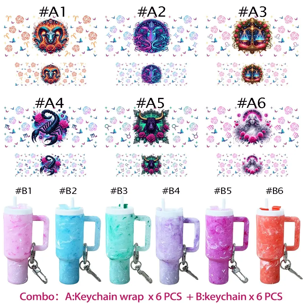 12-In-1 DIY Craft Kit, 6 Mini Cup Keychains + 6 UV DTF Zodiac Stickers, Self Adhesive, Bag Charm, Backpack Keychain, Travel Mug Decor