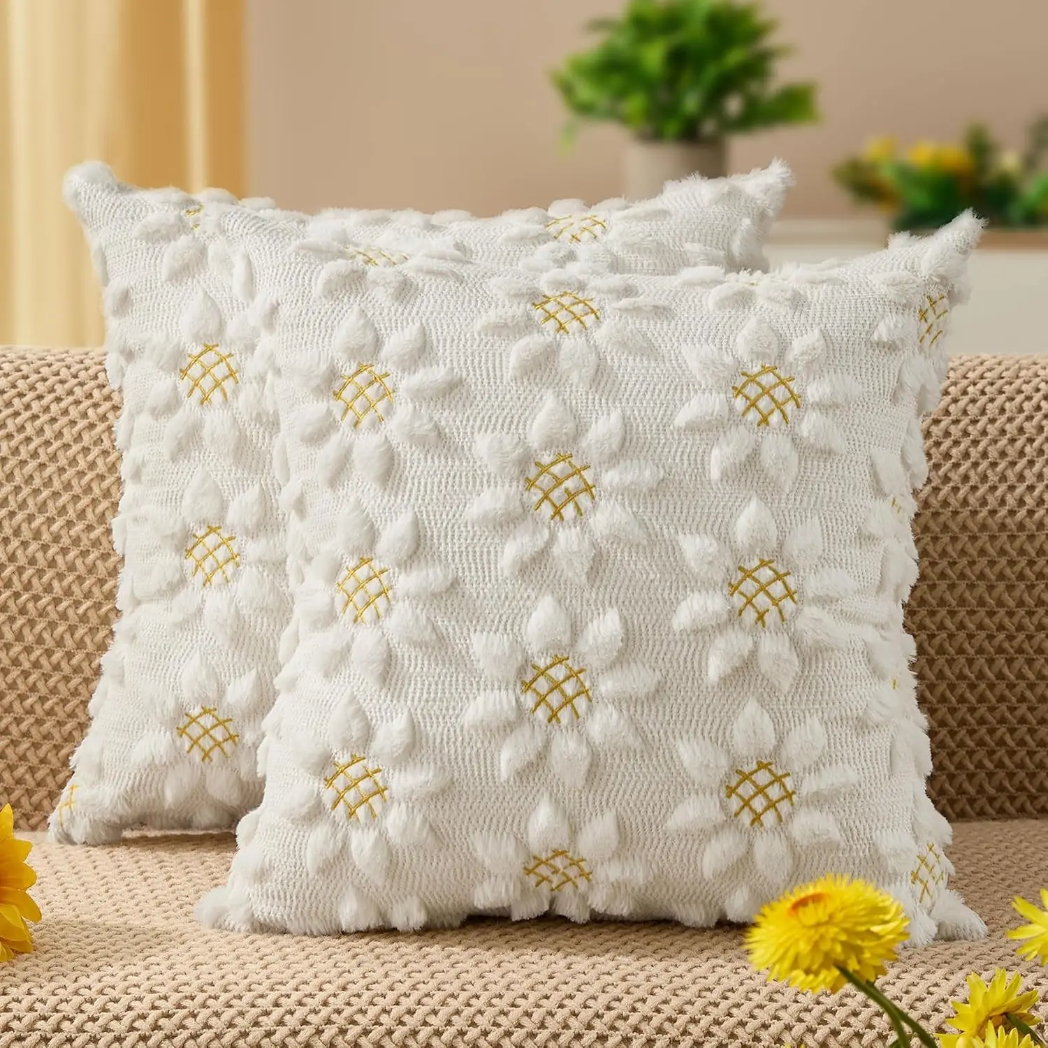 18x18 in Square Farmhouse Style Home Pillow Covers (Set of 2), Yellow Jacquard Weave Faux Fur Plush Sunflower & Flower Heart Decor, for Sofa - Rustic & Modern Farmhouse Decor PTK024C18