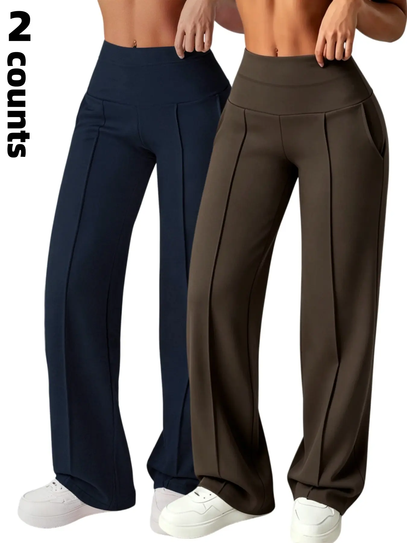 2pcs Women's Plain Loose Straight Leg Pants, Wide Leg High Waisted Athletic Sporty Casual Sweatpants, Fitness Workout Pants, Activewear Pants, Casual Sports Bottoms, Comfortable Daily Wear