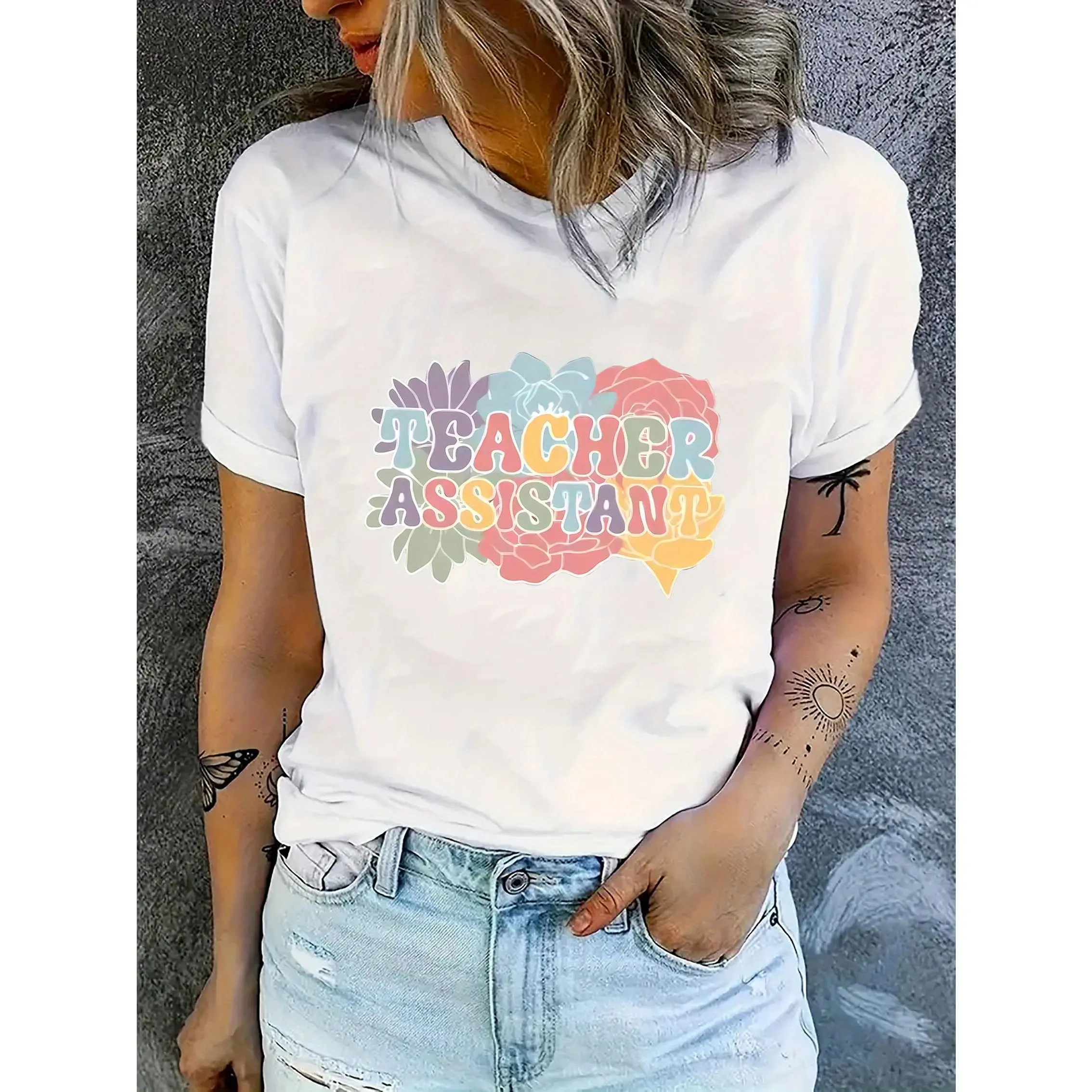 Colorful Floral "TEACHER ASSISTANT" Print Women'S T-Shirt - Casual Crew Neck, Short Sleeve, Comfortable Summer Top for Teachers, Teachers Appreciation