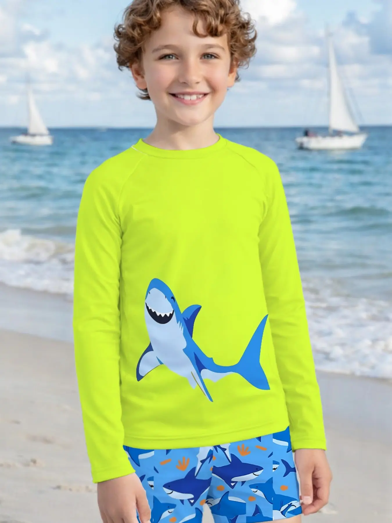 Boys' Long Sleeve Swimwear Set, Shark Print Quick-Dry Rash Guard & Shorts, Beach Surfing Leisure Suit, Multi-Scene Wear, Rash Guard Sets