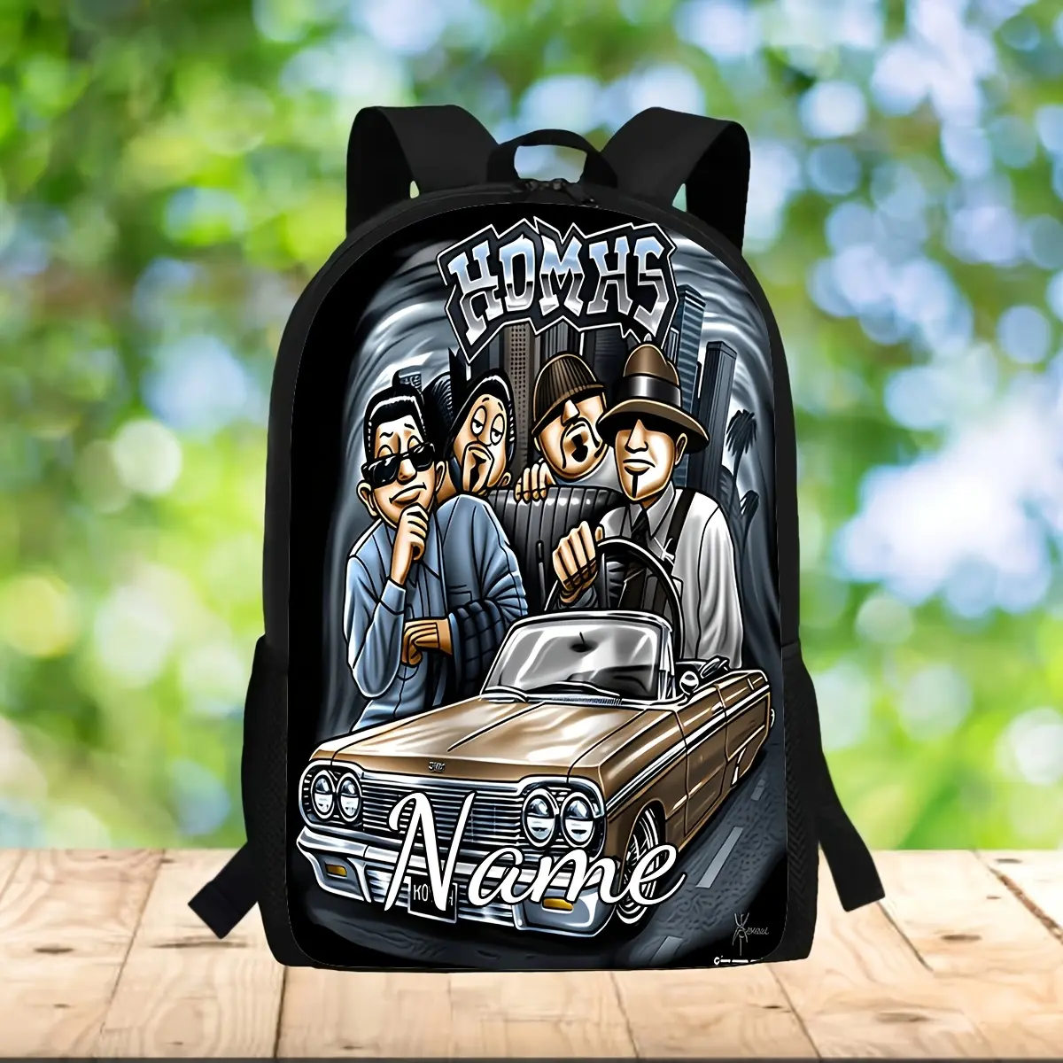 Single Custom Name Homies Lowrider Chicano Cartoon Backpack 2D Flat Print 600D Oxford Breathable Padded Straps Multi Pocket School Street Travel Daypack For Chicano Culture Fans