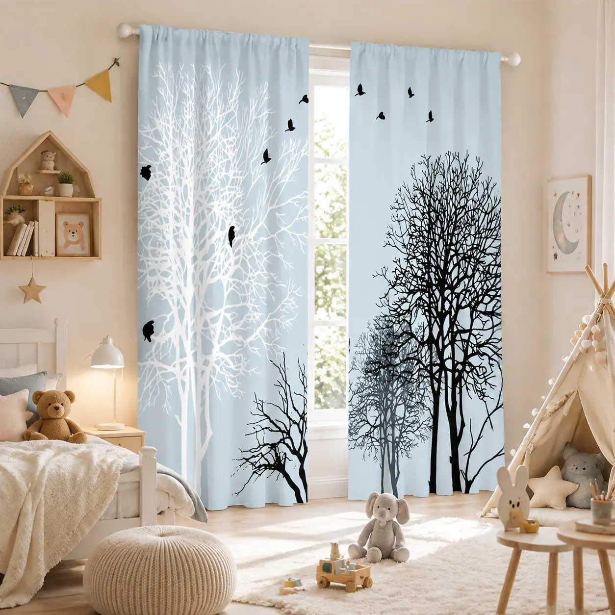 2-Pack Silhouette Tree Bird Curtains, Light Blue Farmhouse Style, Semi-Transparent, Ideal for Bedroom Living Room Decor