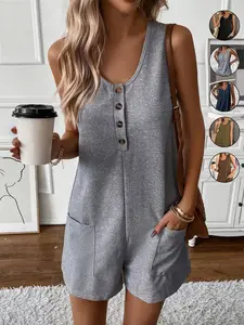 Women's Casual Solid Color Waffle Texture Button Front Loose Fit Baggy Jumpsuit with Pockets, Sleeveless Romper Jumpsuit For Summer，Comfortable and Stylish One-Piece for Daily Wear