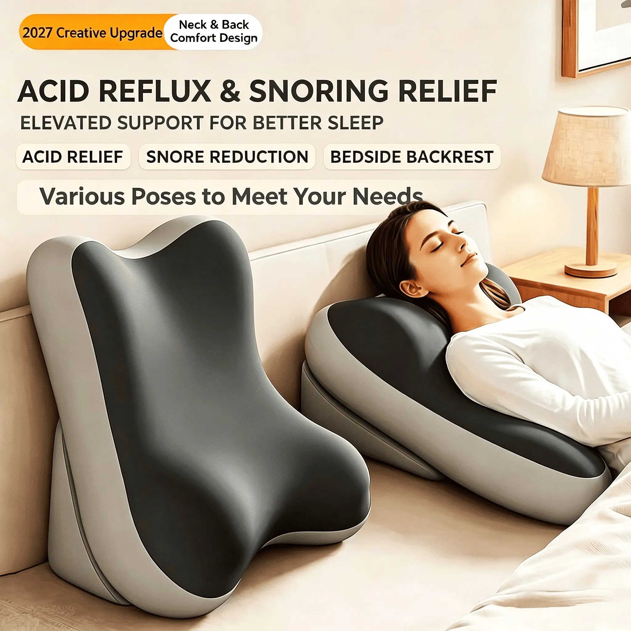 【Relieves acid reflux and stops snoring】 - foam lumbar support pillow, suitable for car, driving, bed, and play, adjustable - comfortable and durable. Ergonomic memory foam pillow set, perfect for reading, two-piece split support pillow, non-slip.