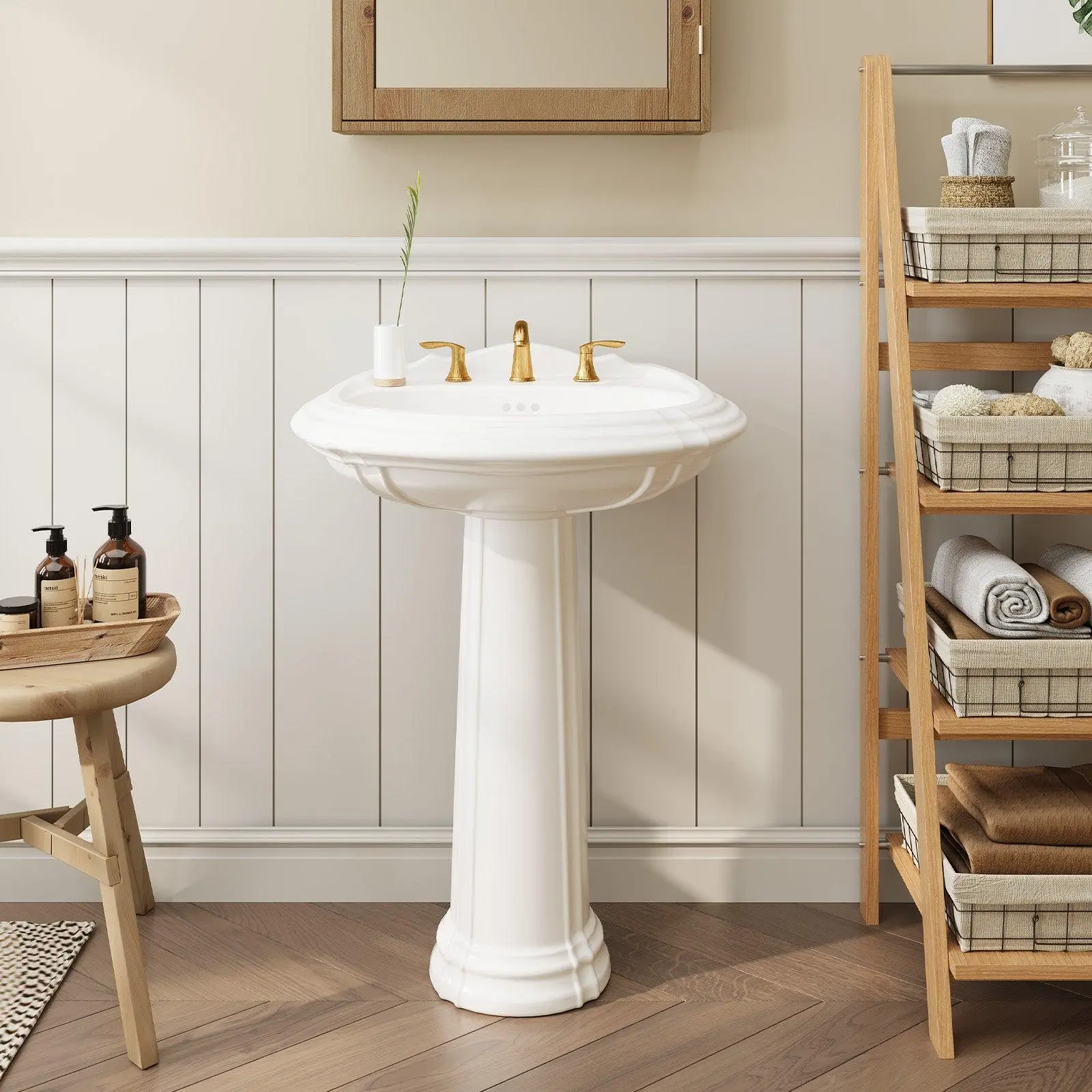 GARVEE20 x 26 Inch Classic Freestanding Ceramic Bathroom Pedestal Sink with Overflow Hole and 3 Pre-Drilled Holes for 8 Inch Faucets, Vintage White Finish