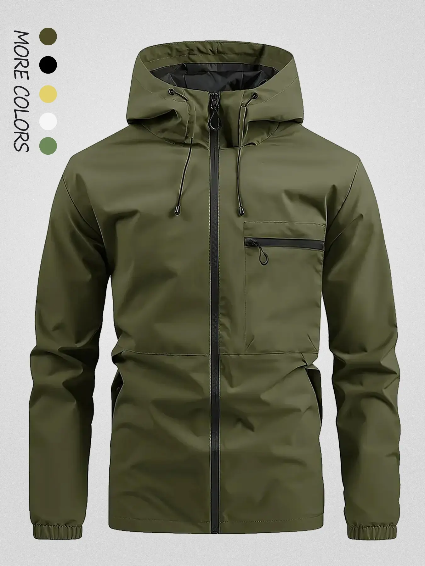 Men's solid color hooded waterproof and windproof trench coat, fully zippered adjustable drawstring cap outdoor hard shell jacket, multiple zippered pockets with elastic cuffs, lightweight rainproof trench coat, breathable casual jacket suitable