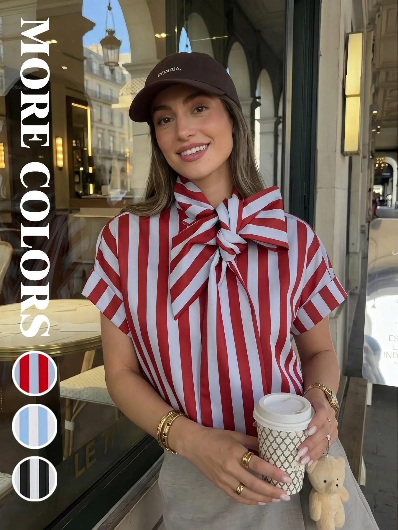 Women's Elegant Short Sleeve Top, Vintage Striped Bow Tie Shirt, Comfortable Casual All-Season Fitted Design