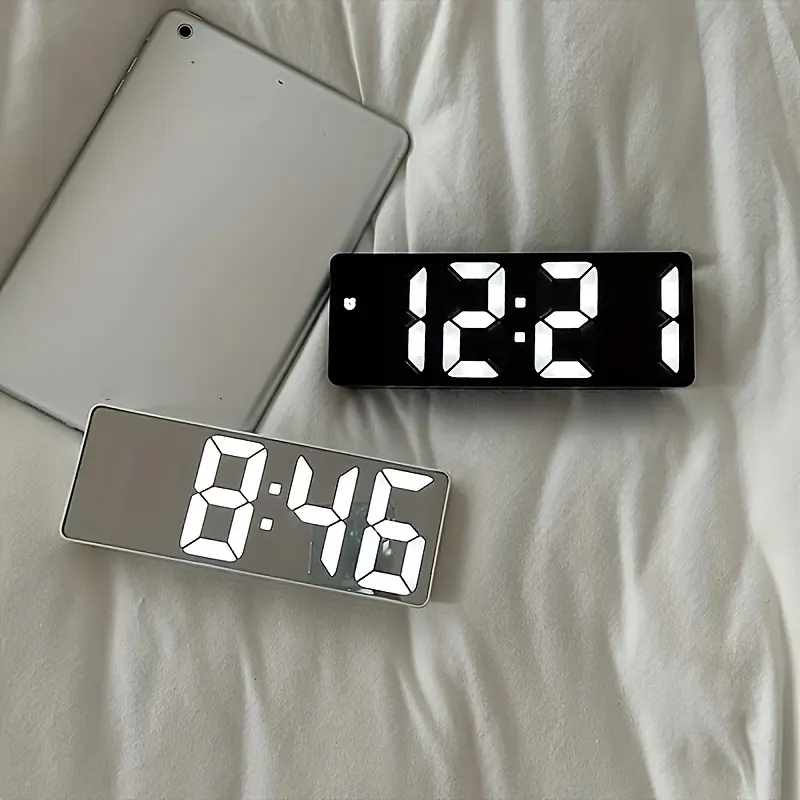 Mirror LED Digital Alarm Clock, Large Display Desk Clock with Date Temperature, Snooze, Brightness Adjustable, Auto Dimming Night Mode, Voice Control Sleep Screen Off, USB &Battery Powered Bedside Clock for Home Decor, Battery Operated Clock