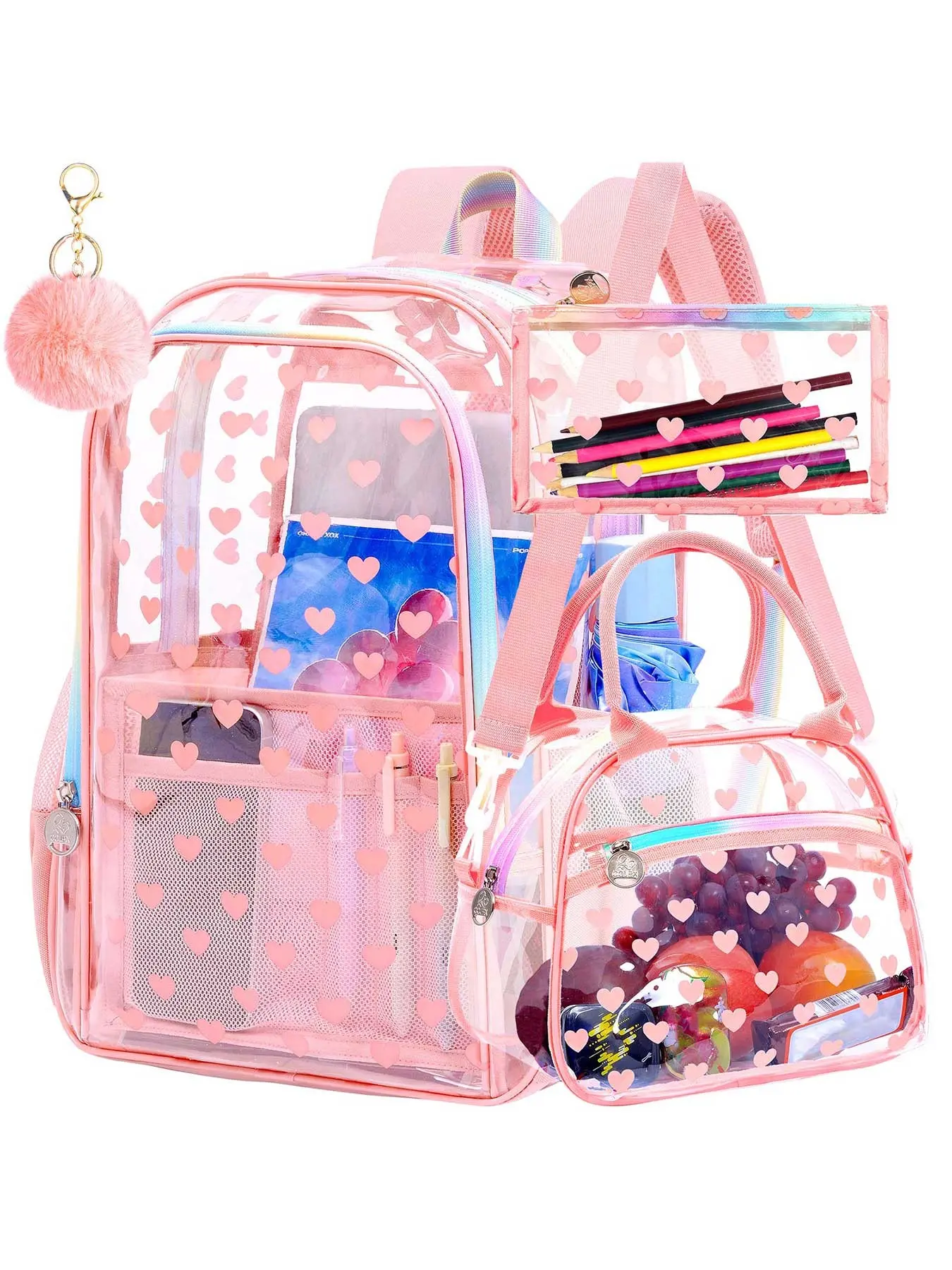 Cute pink girl transparent schoolbag - heart-shaped polka dot printed sheer backpack set, with rainbow straps, 17-inch heavy-duty transparent schoolbag for girls and small bag