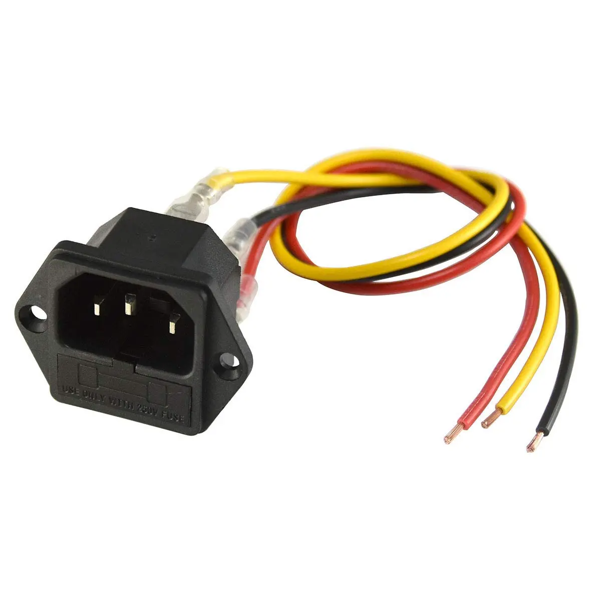 IEC320 C14 Male Power Cord Inlet Socket with Fuse Holder, 3-Pin Pre-Wired 3-Count Wires, Secure Mount, AC 250V 15A, Pack of 2