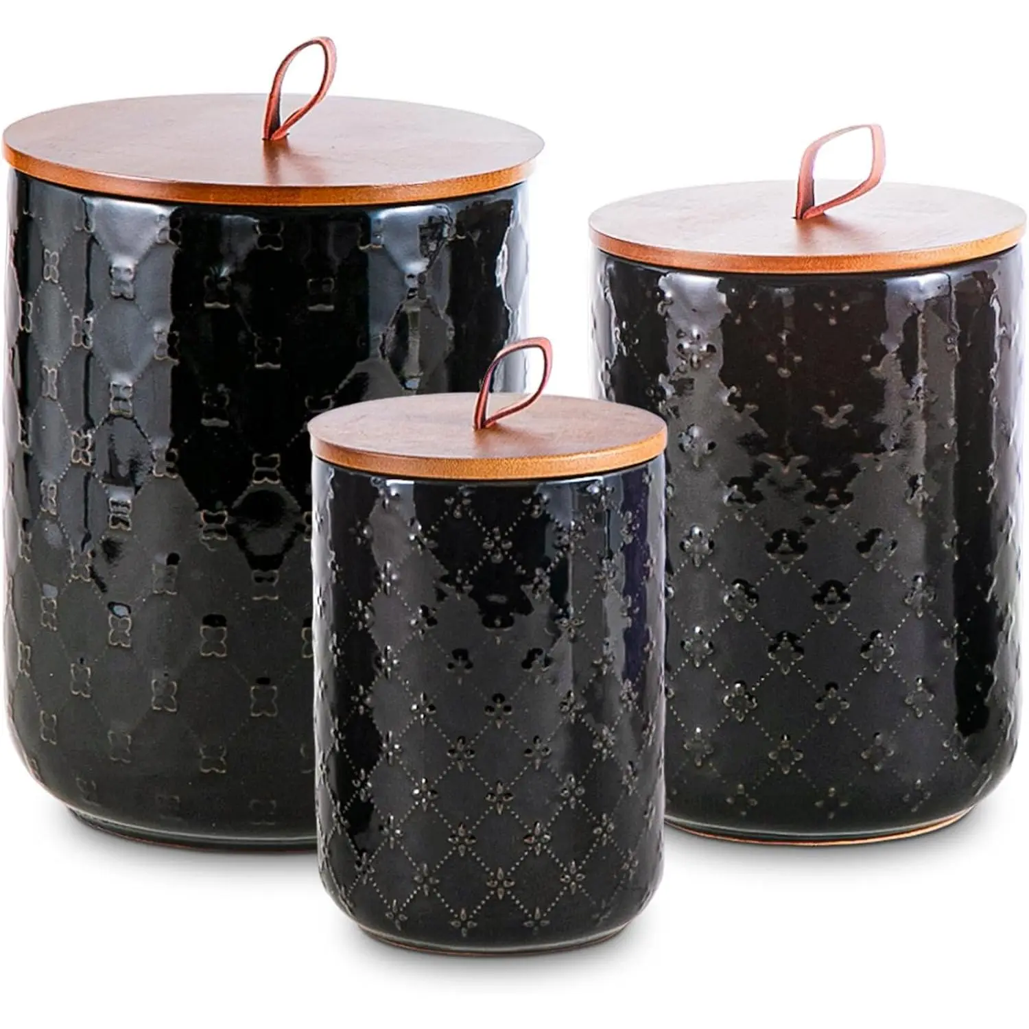 Ceramic Canisters Set with Airtight , 82/48/30 oz Coffee Canisters Sets for the Kitchen, Black Large Jars for Flour, Sugar, Pasta, Coffee, Cookies,  - Set of 3, Embossed