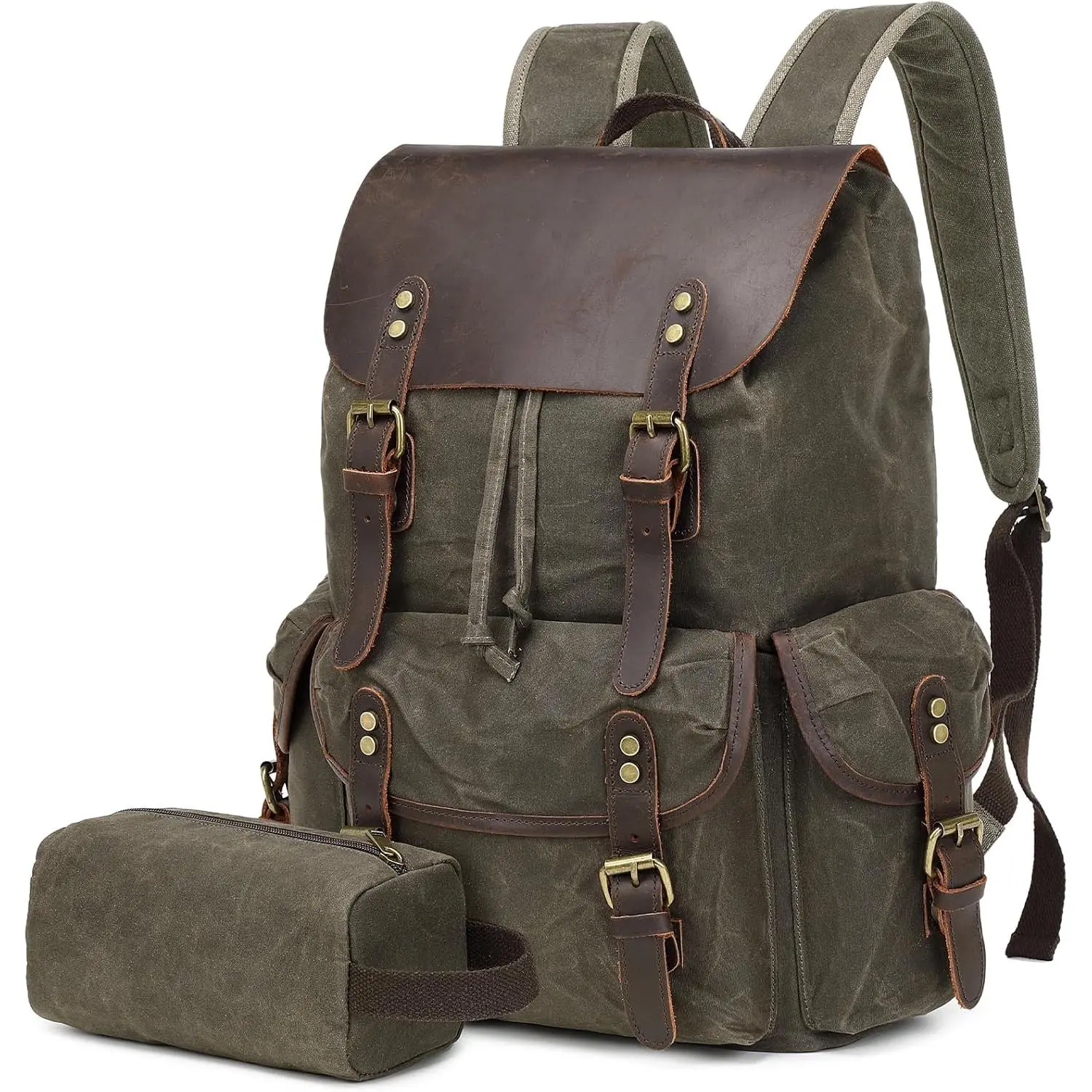 Backpack for Men, Leather Canvas Backpack, Waxed Canvas Rucksack | Carry- Travel Backpack with Toiletry Bag for Traveling Camping Hiking College Business Max Fits 17.3 Inch Laptop