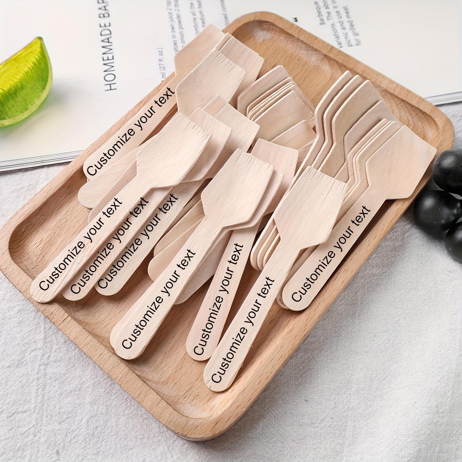 200pcs Personalized Wooden Dessert Spoons, Laser-Engraved Disposable Tasting Square Spoons for Bath Salts, Teaspoons for Honey, Suitable for Christmas, Birthdays, Weddings, And Family Coffee Dessert Dining