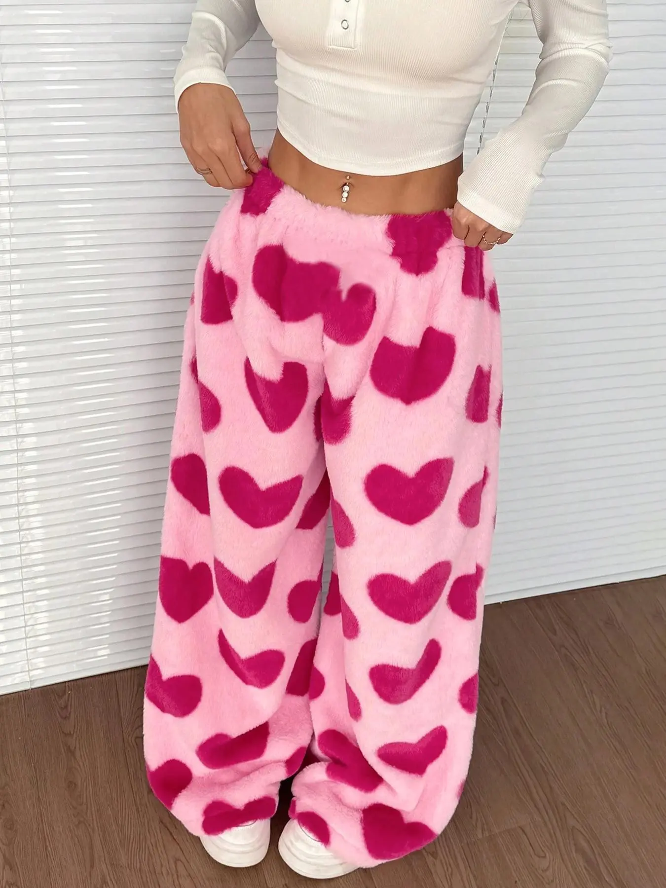 Women's Fleece Lined Warm Heart Print Sweatpants, Cool Street Style, Hip Hop, Dance, Motorcycle, School, Teen Fashion, Casual Sportswear