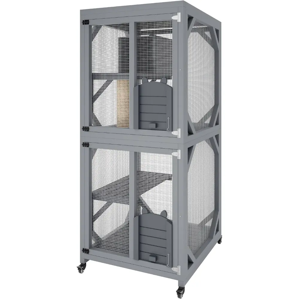 4 Tier Wood Catio Outdoor Window Cat Enclosure, Cat House On Wheels with Scratch Post, Resting Box, 4 Platforms, 2 Sliding Doors & Weatherproof Roof, Cats Kitty Condo Cage Shelter Playpen