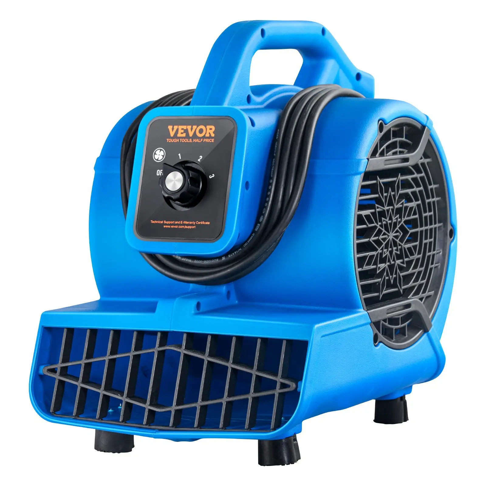 VEVOR Floor Blower, 1360 RPM 600 CFM, Air Mover for Drying and Cooling, Portable Carpet Dryer Fan with 4 Blowing Angles, 3-Speeds Adjustment, for Janitorial, Home, Plumbing, Commercial Use