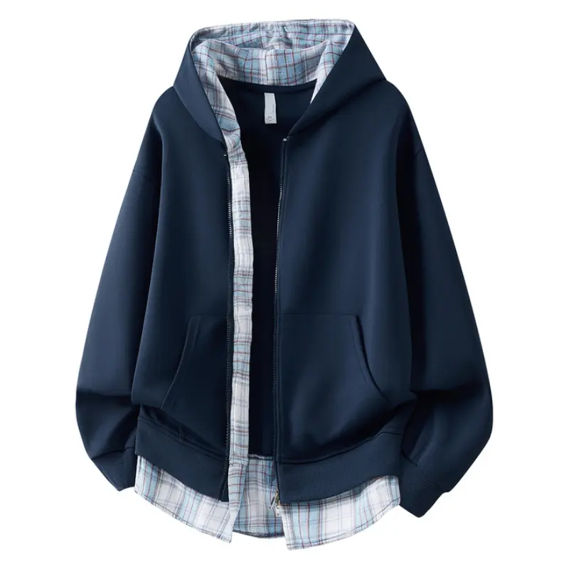 Men’s Fake Two-Piece Plaid Lined Zip Up Hoodie Jacket, Loose Drop Shoulder Hooded Sweatshirt with Pockets, Unisex Couples Casual Streetwear Outerwear for Spring Autumn Daily Outfits