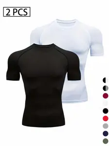 2-Pack Men's Plain Round Neck Sports Tee, Quick Drying Breathable Short Sleeve Compression T-shirt, Crew Neck Raglan Sleeve Tops for Outdoor Activities