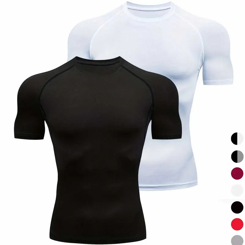 2-Pack/3-Pack Men's Plain Round Neck Sports Tee Activewear, Quick Drying Breathable Short Sleeve Compression T-shirt, Crew Neck Raglan Sleeve Tops for Outdoor Activities