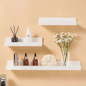 3-piece wall-mounted shelf set with no drilling required, featuring a minimalist floating shelf with 2 adhesive strips for easy installation. Stackable, Space saving design allows for organizing more items, suitable for multiple scenarios