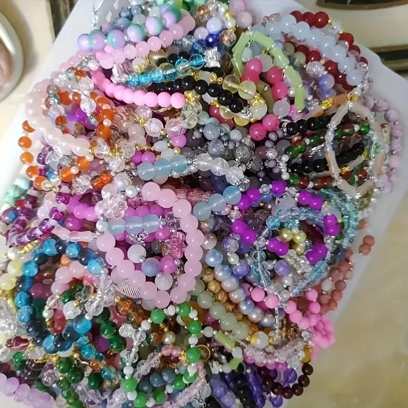 35pcs Handmade Glass Bead Bracelets Set - Multicolor Cracked Bead Bangle Combo with Elastic Stretch Fit, Vibrant & Pastel Colors, Smooth Spherical Beads for Teenager & Teenager, Casual Attire, Parties, Holidays - Perfect Gift for Family & Friends (N
