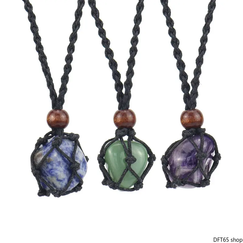 Natural Raw Crystal Stone Pendant Necklace Wrapped With Black Braided Mesh Cord Adjustable Drawstring Long Strap Matte Woven Texture Solid Stone Block Silhouette For Women Daily Boho Winter Coat Layerable Decorative Neck Jewelry