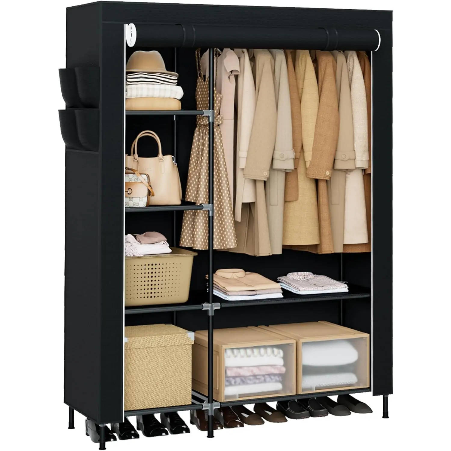 Synthetic Portable Clothes Storage Closet - 48 in Large Capacity Wardrobe Organizer with Shelves, Hanging Rod, Easy Assembly, Black PCT221B01