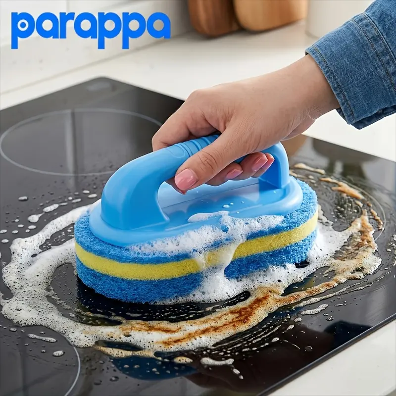 1pc Durable Cleaning Sponge Brush, Bathroom Bath And Tile Scrub Brush With Handle, Power Decontamination, Kitchen Cleaning Sponge Wipe, Dishwashing Sponge, Pot Brush, Cleaning Supplies
