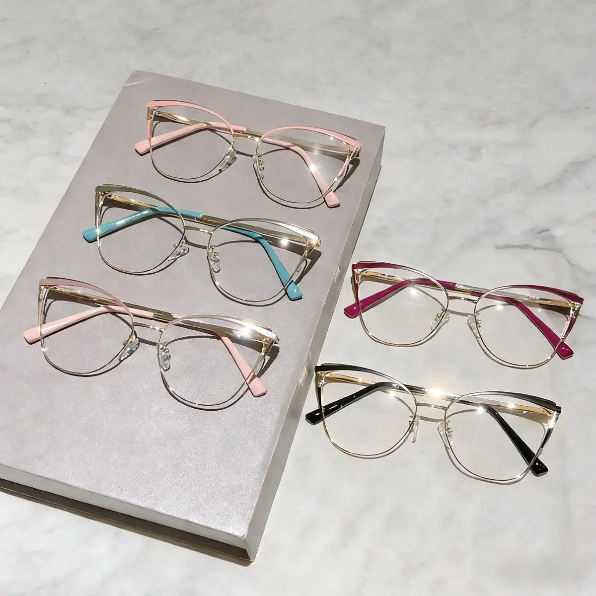 Cat Eye Clear Lens Glasses for Women, Pink and Gold-Tone Metal Fashion Eyeglass Frames with Adjustable Nose Pads, Oversized Retro Optical Style