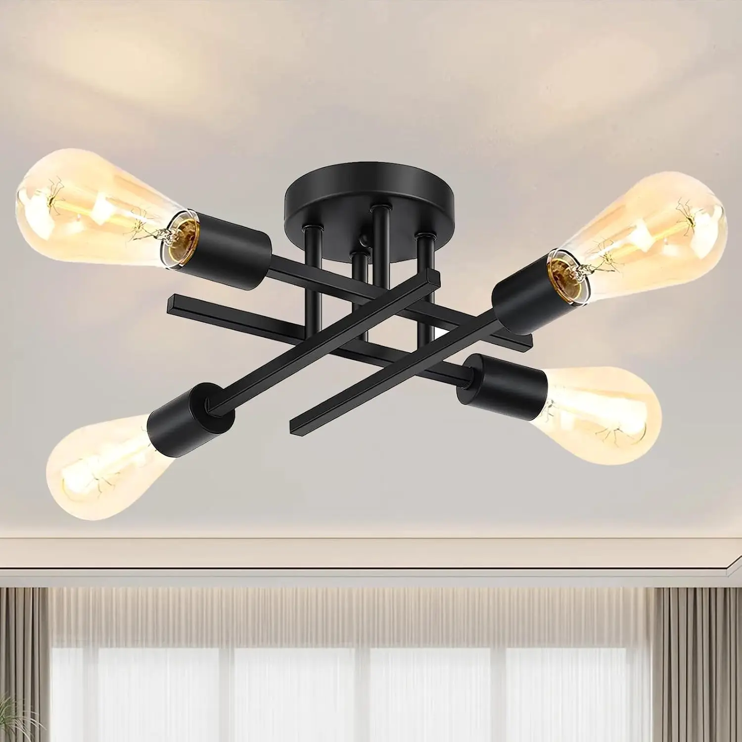 Ceiling Light, Dining Room Light Fixture with E26 Base, Semi Flush Mount Ceiling Light, Kitchen Lighting, 4-Light Matte Black Chandelier for Bedroom