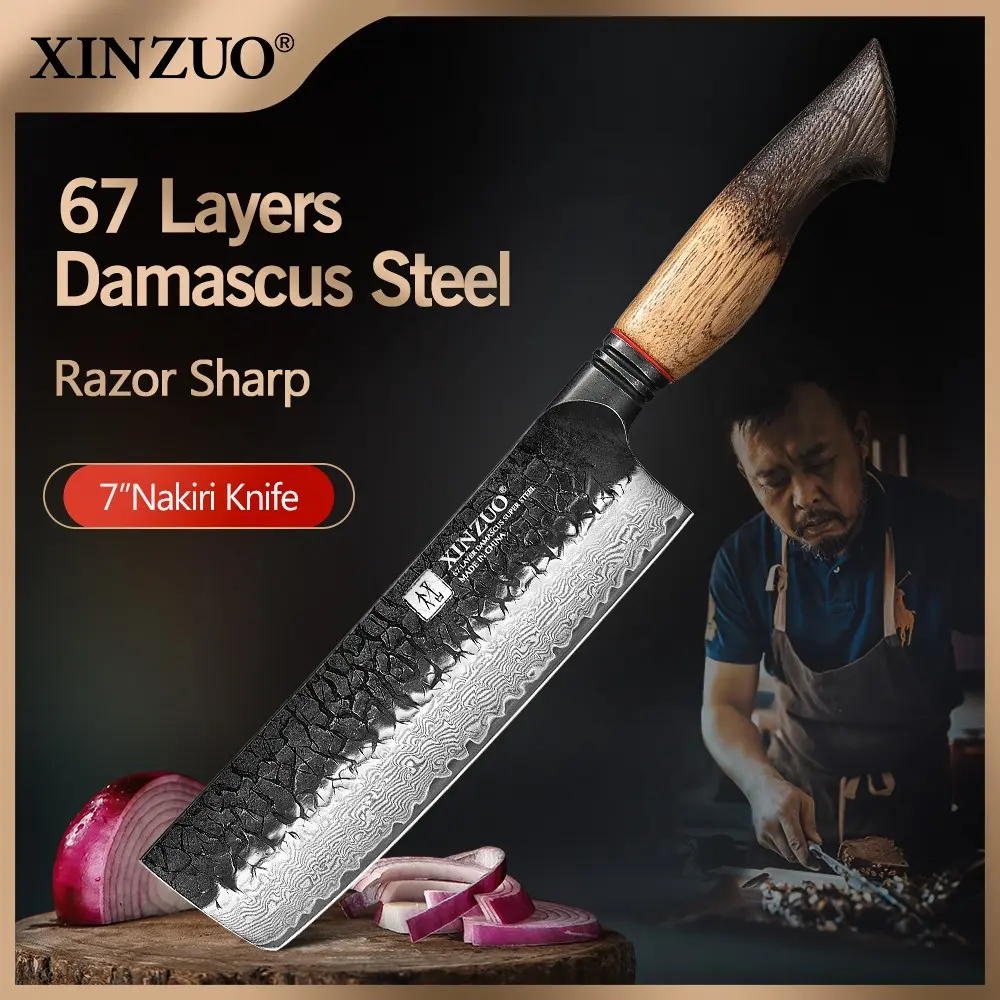 XINZUO Mo Series 7.09-Inch Damascus Nakiri Knife, Boasts 67-Layer Damascus Super Steel Blade, 60±2 HRC Hardness, 15°±1 Per-Side Edge, North American White Oak & Red G10 Handle, Polished for Refined High-End Look, and is Packed in Exquisite Gift Box