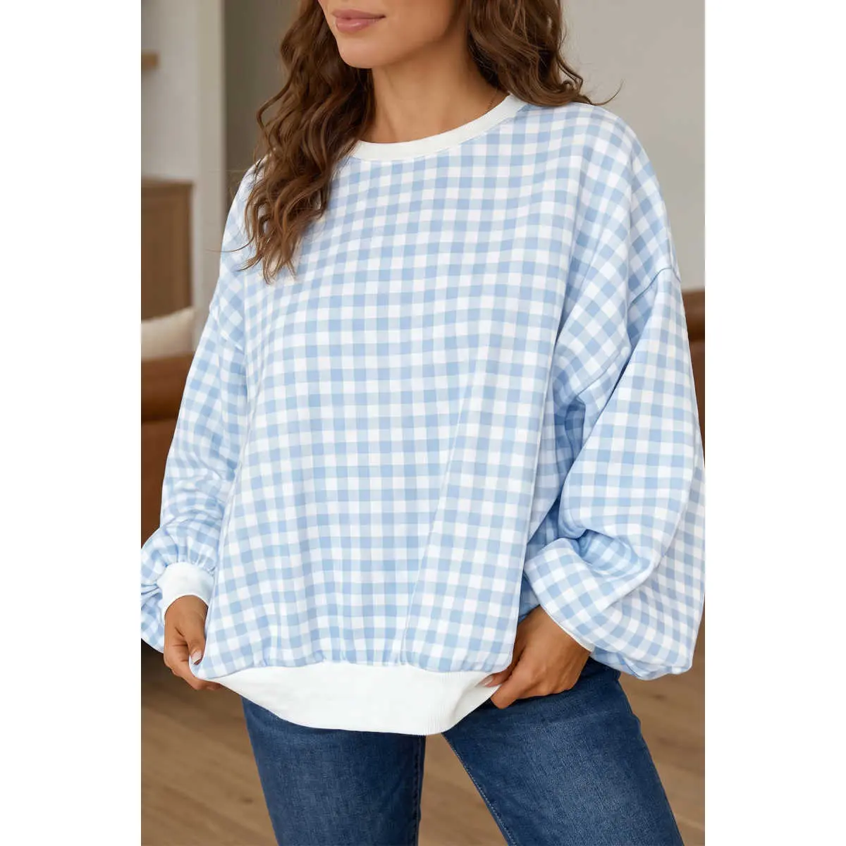 Sweatshirt for Women in Light Blue Plaid, Cozy Oversize Polyester Pullover with Long Sleeves and Ribbed Trim, Baggy, Fabric, Comfortable Soft Women's Pullover Sweatshirts, Relaxed, Pull On, Basic Style