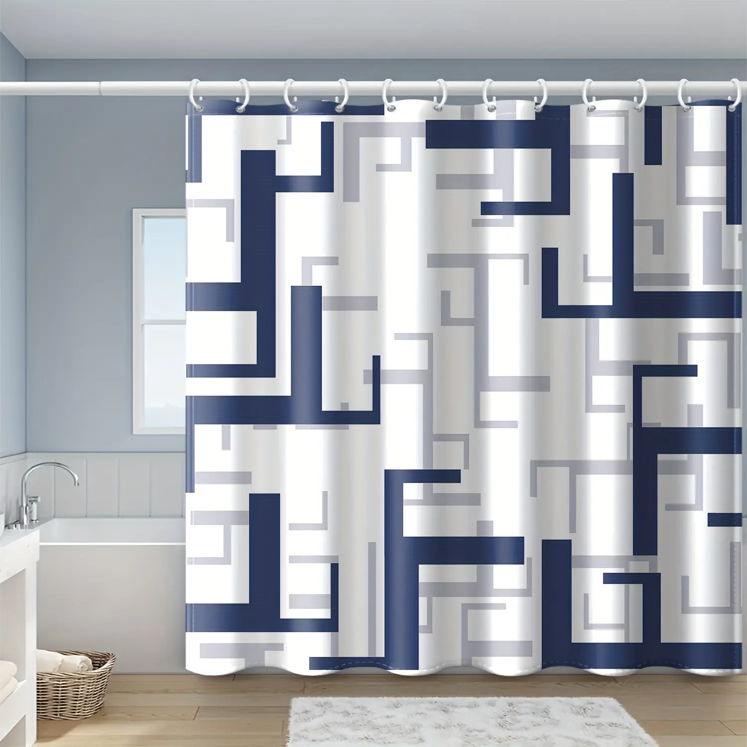1pc Artistic Blue Geometric Graphic Shower Curtain, Minimalist Aesthetic Bathroom Accessory, Equipped with Sturdy Plastic Hooks, Suitable for Private Family Bathrooms & Commercial Hotel Rooms, Wear-Resistant Machine Washable Shower Curtain Decor