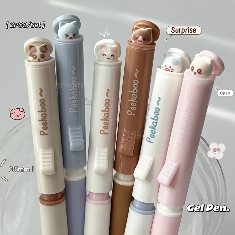 Cute Cat Pig Press-Down Hide-And-Seek Style Neutral Pens, Press Type Pen, 0.5mm Creative Writing Pens, Office Supplies, Back-To-School, Valentine's Gift