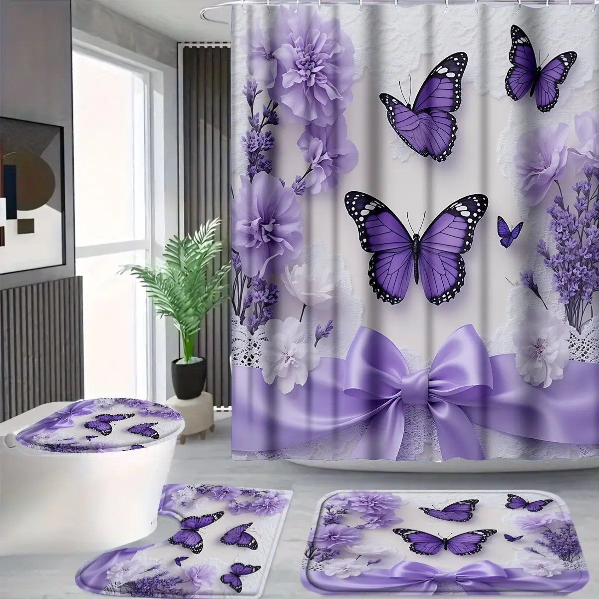 1PC/4PCS 2D Purple Butterflies and Floral Decor Multicolor pretty shower curtain, Printed Butterfly Shower Curtain, with a design for bathroom decor, shower curtain set includes 12 hooks, non-slip bath mat, U-shaped mat, toilet seat cover