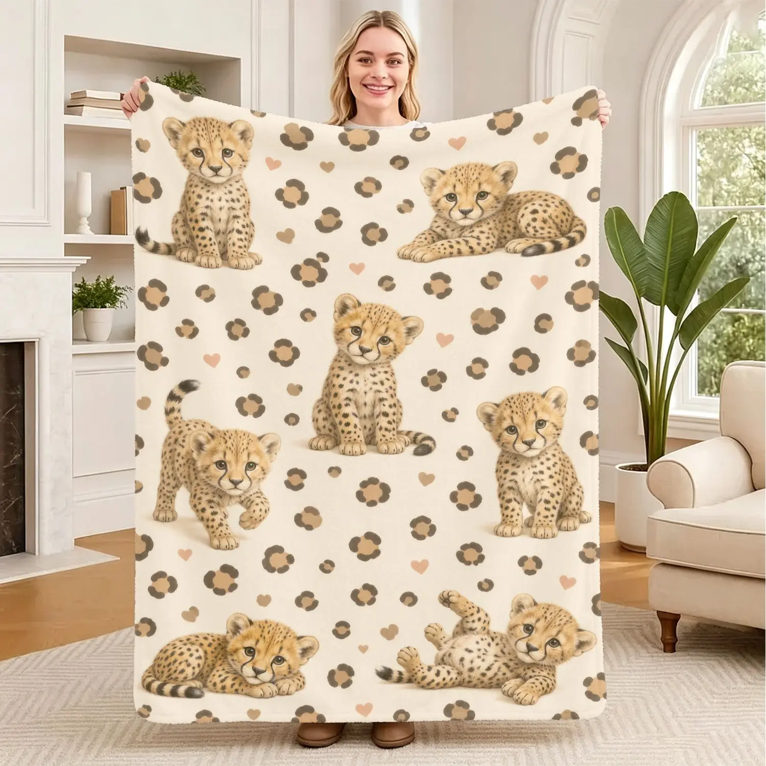 Cute Cheetah Print Flannel Blanket, Digital Printed Soft Throw Blanket, Warm Blanket For Cozy Bedding, Aesthetic Animal Pattern Gift Blanket For Kids, Living Room, Sofa, Travel, And Bedroom Decor