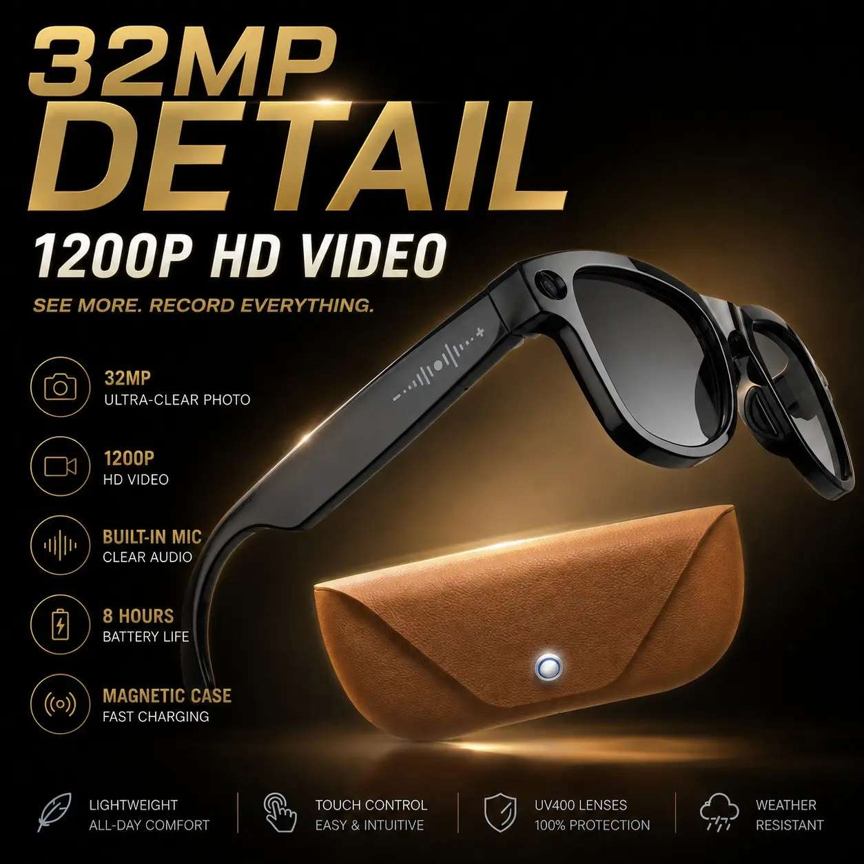 2026 Hot New Audio Smart Sunglasses, 32MP photo 1200P Vlog Video Recording Eyewear, AI Real-Time Language Simultaneous Interpretation, Bluetooth-Compatible 5.3 3D Surround Music & Calls, Ultra-light 46g, Wide Temp Range, IP65