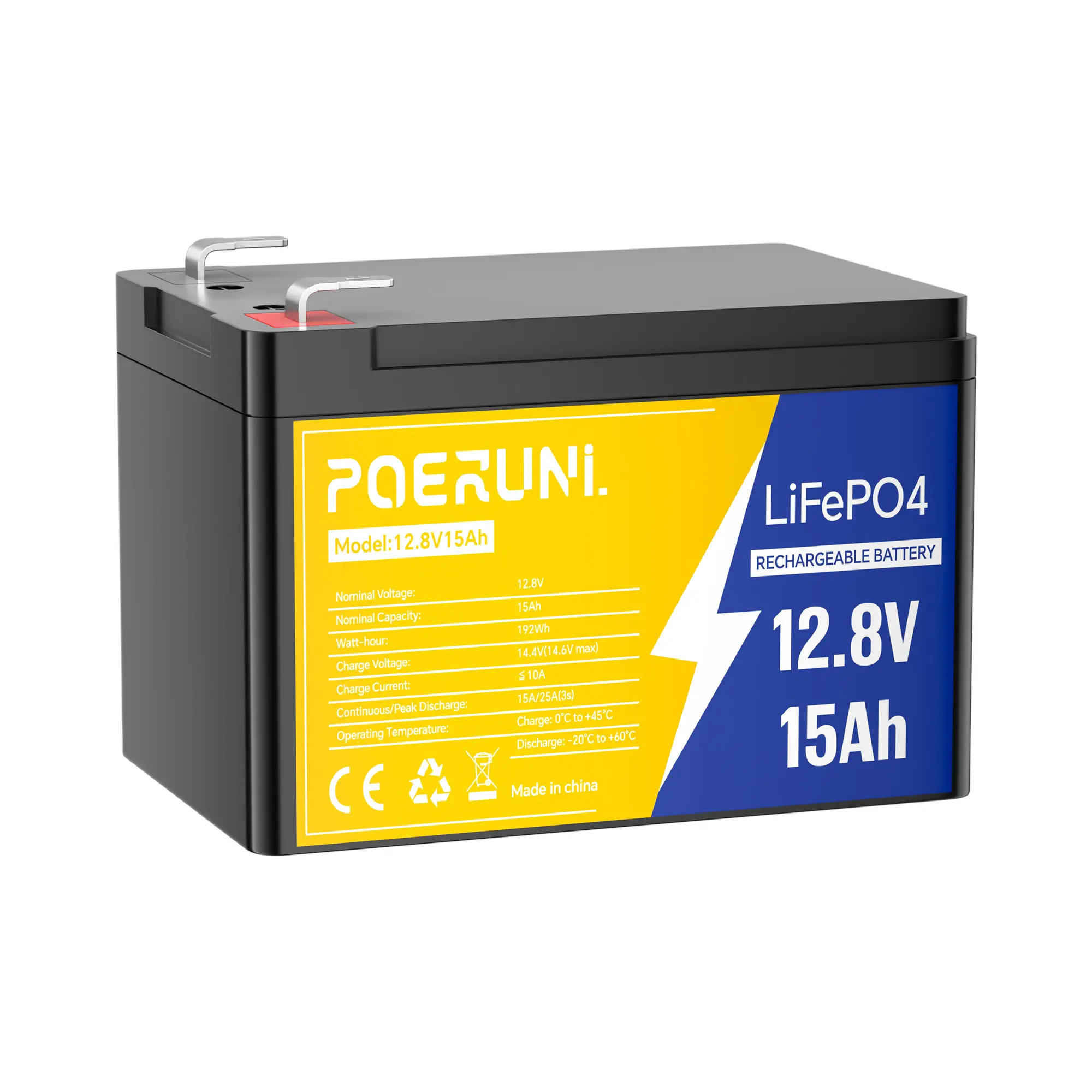 POERUNI 12V 15Ah Battery Solar Rechargeable 2000 Cycles Lithium System LiFePO4 Battery