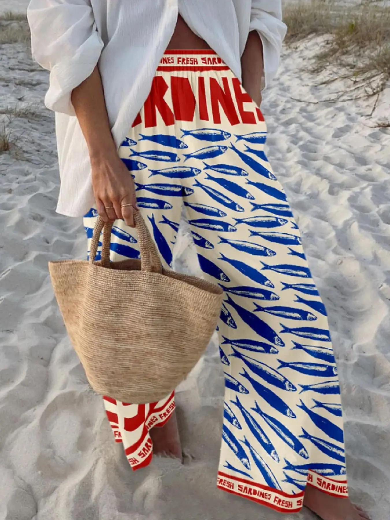 Women's Summer Fashion Lightweight High-Waisted Ocean Print Wide Leg Baggy Bottom Pants, Casual Vacation Style, Perfect for Travel and Leisure