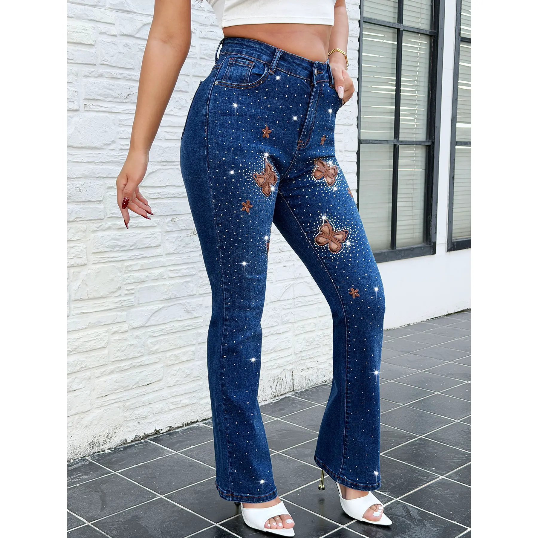 Women's High Stretch Cotton Mid-Waist Deep Blue Elastic Micro-Flared Bellbottom Jeans - Casual, Party Wear, Classic Butterfly Hollow Embroidery, Shining Hot Diamonds, Button Front, Hand Wash Only, Embellished Statement Pants
