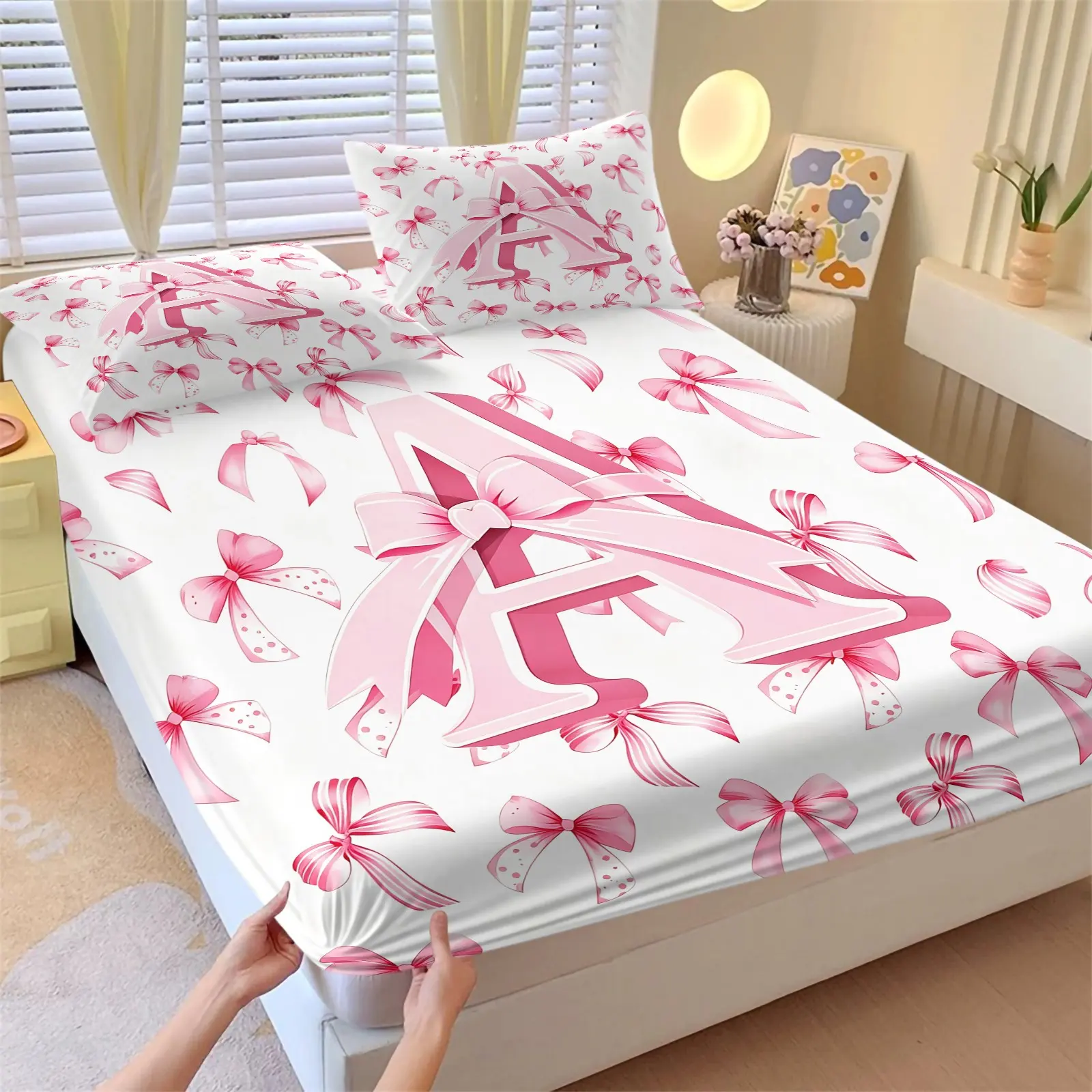 3-Piece Coquette Pink Bow Monogram A Print Fitted Sheet Set, Bedsheet Set, Includes 2 Coreless Pillowcases, Soft Comfy Bedding Durable Deep Pocket Design, Girly Aesthetic Gift, Essential for Coquette Style Bedroom & Dorm Decor, Bed Sheets Set