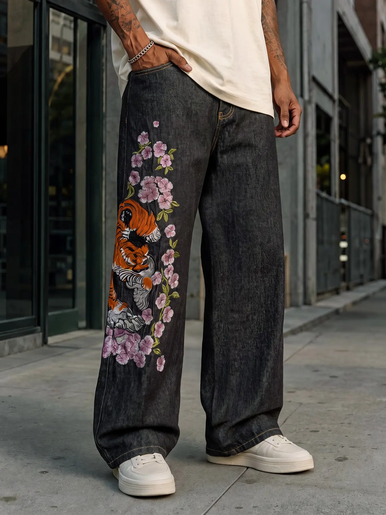 Men's black Japanese-style straight-leg denim jeans, featuring tiger and floral embroidery design, vintage street fashion style, suitable for all seasons, embroidered casual jeans