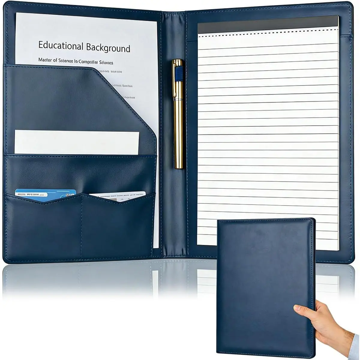 Padfolio Portfolio Binder, Faux Leather Folder, Resume Interview Legal Document Organizer, Letter Sized Writing Pad w/Business Card Holder, A4 Professional Folio for Office Conference (Blue)