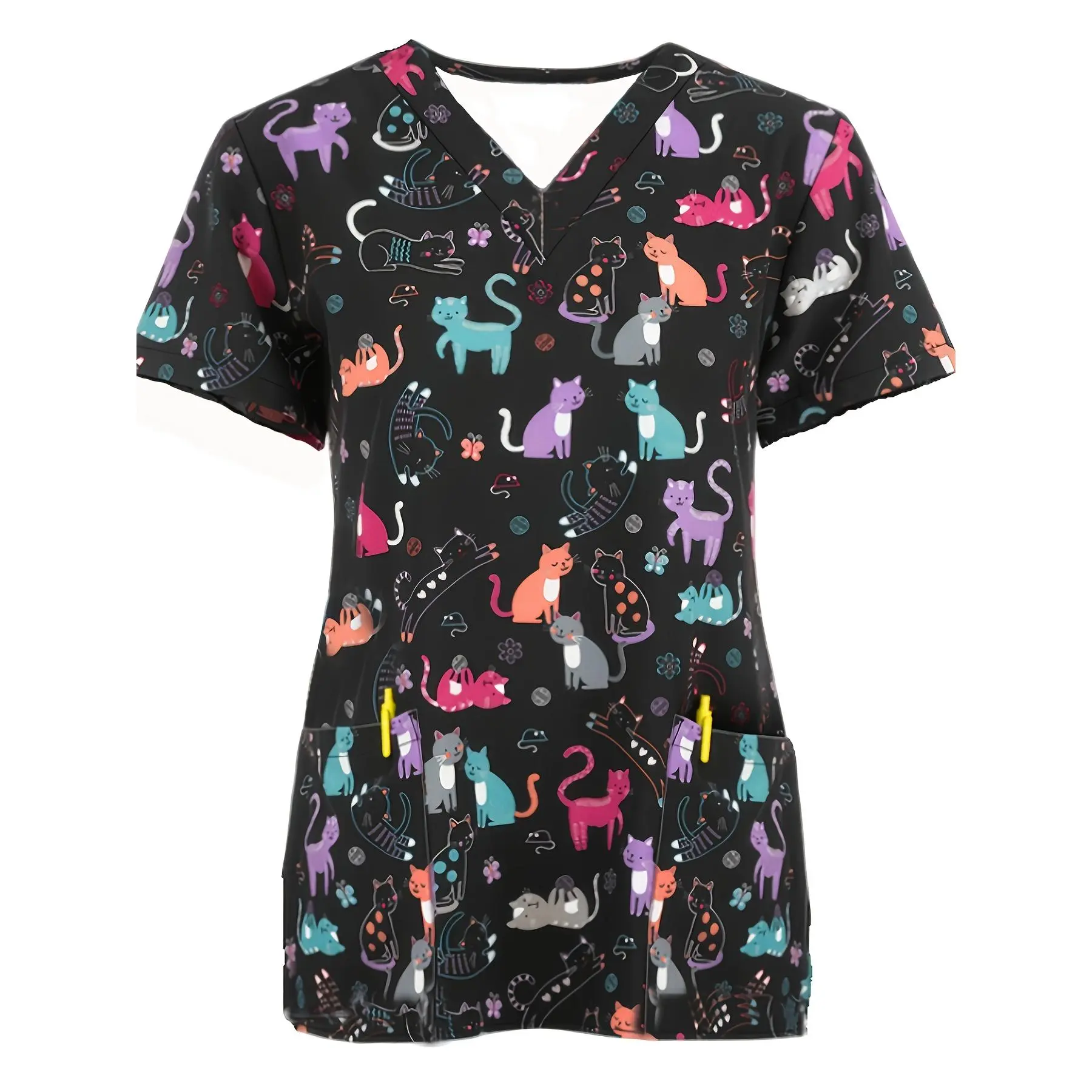 Casual Comfortable Breathable Women's Healthcare Uniform,Short-Sleeve V-Neck T-shirt,Nurse Uniform with Pockets